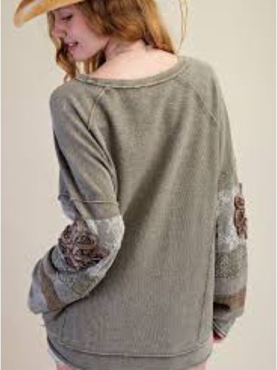 Free People Tops - Free People Olive Green Knit Sweater with Embroidered Elbow Details
